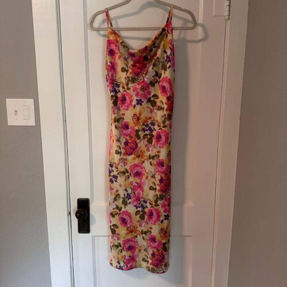 Inspired Hearts Floral Midi Dress Size S Satin Side Slit Romantic Summer